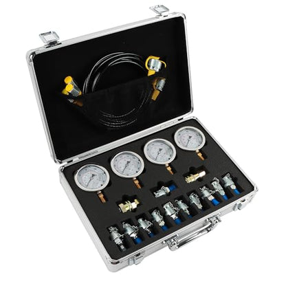Hydraulic Pressure Gauge Test Kit 4 Gauges(10/25/40/60MPa) Tester Set with 3 Test Hoses & 13 Couplings Straight Connectors for Construction Machinery Excavator(Silver) - size: Silver 4 Gauges 13 Couplings