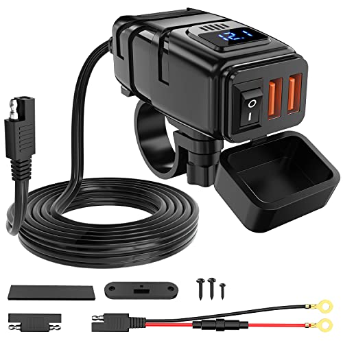 Nilight Motorcycle Charger with 12V Voltmeter Independent On Off Switch SAE USB Adapter Inline 10A Fuse Waterproof 6.8A Dual QC3.0 Fast Charging Phone Tablet for 7/8inch Handlebar ATV - color: USB Charger Motorcycle