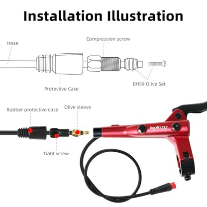 E-Bike Hydraulic Disc Brake Set, 2-PIN 2-Pistons Electric Power-Off Hydraulic Brakes Set, Left Front 950mm Right Rear 1880mm Pre-Bled with Mineral Oil Brakes Kit for eBike, MTB, Scooters - color: Red