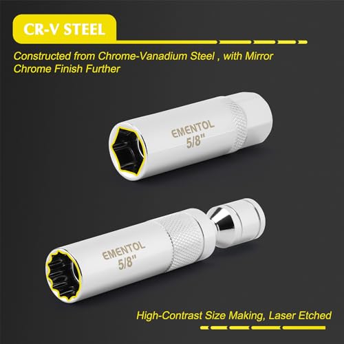 EMENTOL 7PCS 3/8" Drive Spark Plug Socket Set, CR-V, Swivel Magnetic Extension Sockets, Includes 9/16", 5/8", 13/16", 14mm Sockets