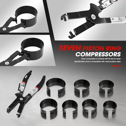 DNA MOTORING Engine Piston Ring Compressor Set with Compression Pliers and 7 Piston Rings (2-7/8" - 4-5/8") - for Car, Truck, and Motorcycle Installation and Removal Kit, TOOLS-00537