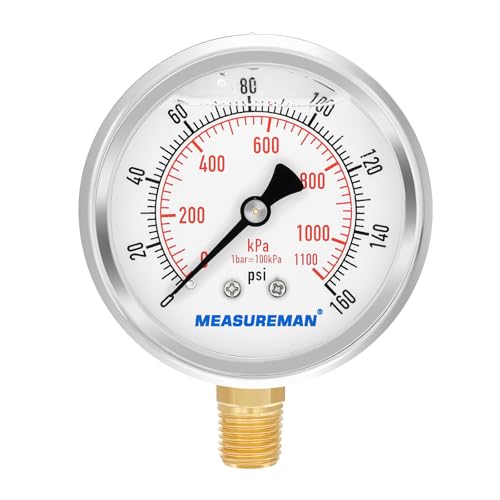 MEASUREMAN 2-1/2inch Dial Size, Oil Filled Pressure Gauge, 0-160psi/kpa, 304 Stainless Steel Case, 1/4inchNPT Lower Mount - size: 0-160 psi, style: Lower Mount