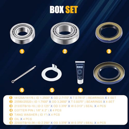 XiKe 25580/25520 & 14125A/14276 Trailer Bearings Wheel Hub Kit, 4 Sets - size: 25580/20 ＆ 14125A/76 + Seal ID 2.125'' ＆ 2.250'', style: Pack 4 Set