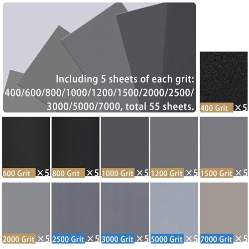 55PCS Sandpaper, Wet Dry Sandpaper, High Grit 400 600 800 1000 1200 1500 2000 2500 3000 5000 7000 Grit Sandpaper Sheets (400-7000 Grit, 55 Sheets) - size: 400-7000 Grit, 55 Sheets, 9 x 3.6 inches