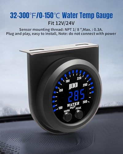 Water Temperature Gauge with 1/8NPT Sensor & Bracket 300°F Digital LED Display Water Coolant Temperature Gauge for Cars Trucks Ships Vehicle Automotive Boat Marine 2”/52mm - color: Blue