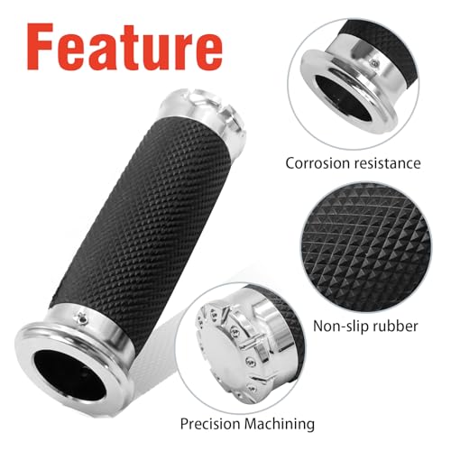 1 Inch Motorcycle Grips Handlebar Grips Cable Throttle, Chrome Motorcycle Grips Replaccement for Harley Davidson Sportster Touring Dyna Softail Street Glide 883 1200