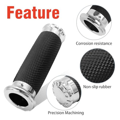 1 Inch Motorcycle Grips Handlebar Grips Cable Throttle, Chrome Motorcycle Grips Replaccement for Harley Davidson Sportster Touring Dyna Softail Street Glide 883 1200