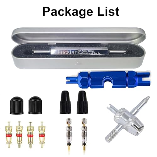 Tire Valve Stem Removal Tool Kit, R134A R12 A/C Schrader Valve Stem Core Remover Tool for Car Bicycle Tyre RV Truck, 4 Schrader/Presta Valve Caps, 6Pcs Valve Core, 3 Automotive Tools Wrench