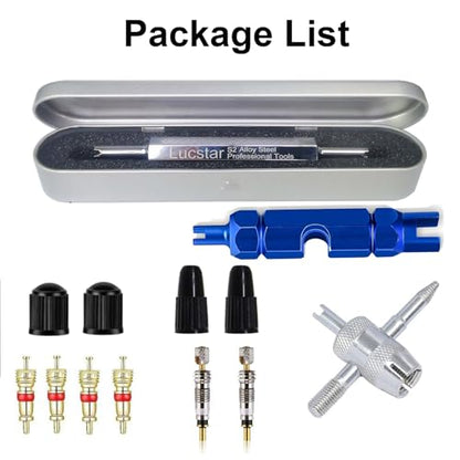 Tire Valve Stem Removal Tool Kit, R134A R12 A/C Schrader Valve Stem Core Remover Tool for Car Bicycle Tyre RV Truck, 4 Schrader/Presta Valve Caps, 6Pcs Valve Core, 3 Automotive Tools Wrench