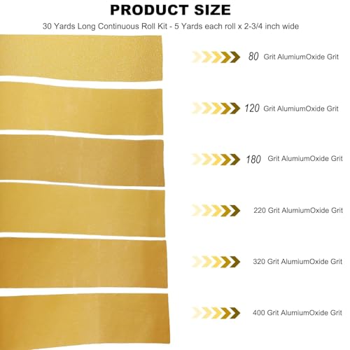 Total 30 Yards 2-3/4" Wide PSA Continuous Roll Kit - 80, 120, 180, 220, 320, 400 Grit Longboard Sandpaper, Self Adhesive Stickyback Sanding Sheets Paper for Automotive, Woodworking Sanding Blocks