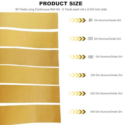 Total 30 Yards 2-3/4" Wide PSA Continuous Roll Kit - 80, 120, 180, 220, 320, 400 Grit Longboard Sandpaper, Self Adhesive Stickyback Sanding Sheets Paper for Automotive, Woodworking Sanding Blocks