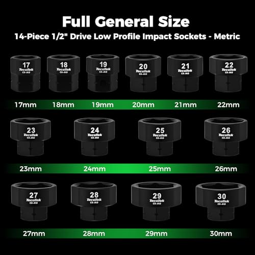 TecoTek 14PCS 1/2" Drive 17-30mm Low Profile Nano Impact Socket Set - size: 17mm - 30mm(1/2" Dr.)