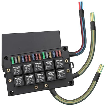 12V Automotive Fuse and Relay Box, with 12 AWG Pre-Wired, 10 Relays and 15 ATC/ATO Blade Fuses, 5Pin Relay Block and Kit, for Cars Truck Marine Boat Jeep