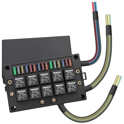 12V Automotive Fuse and Relay Box, with 12 AWG Pre-Wired, 10 Relays and 15 ATC/ATO Blade Fuses, 5Pin Relay Block and Kit, for Cars Truck Marine Boat Jeep