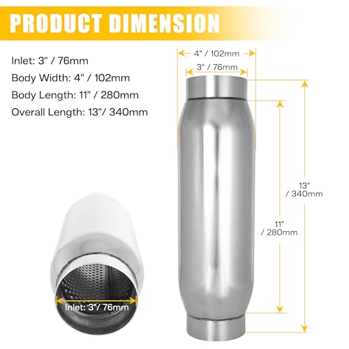 3" Universal Resonator, Straight Through Performance Muffler, 13" Overall Length, 304 Stainless Steel Welded On Resonator Muffler, Polished - size: 3" Inlet 13" Overall Length
