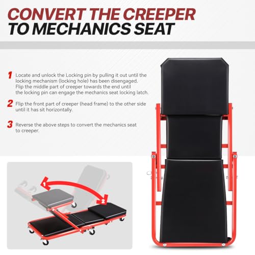 Foldable Rolling 2-in-1 Z Creeper & Seat, 36" Low-Profile Roller Mechanics Under Car Chair, 330 LBS Weight Capacity with 6 Swivel Casters - color: Red Black, size: 36 Inch Length