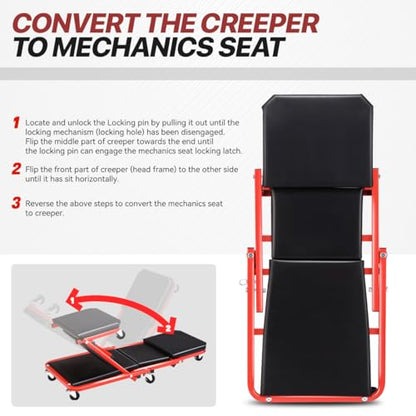 Foldable Rolling 2-in-1 Z Creeper & Seat, 36" Low-Profile Roller Mechanics Under Car Chair, 330 LBS Weight Capacity with 6 Swivel Casters - color: Red Black, size: 36 Inch Length