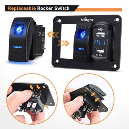 Nilight - 90116C 2 Gang Rocker Switch Panel with 4.8 Amp Dual USB Charger Voltmeter Waterproof 12V-24V DC Rocker Switch with Night Glow Stickers for CarsTrucks Boats RVs,Blue - color: Blue, size: 3 Gang Dual USB
