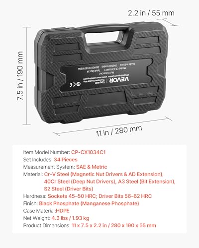 VEVOR Master Magnetic Impact Nut Driver Set 34-Piece, Metric & SAE Sizes, with Nut Setter, Quick Release Extension, Wing Nut Driver, Storage Box, Versatile for Automotive, Machinery, and DIY Tasks - size: 34 pcs