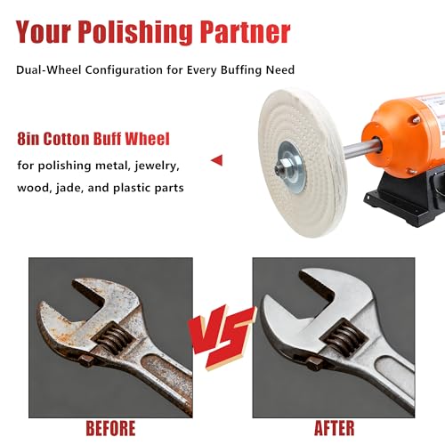 TOOLSPACE 8" Bench Buffer Polisher, 3/4 HP 3450 RPM, Dual Cloth Wheels for Knife Sharpening, Jewelry Polishing, Metal & Wood Finishing