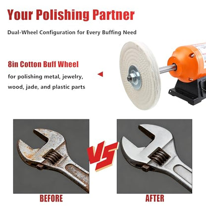 TOOLSPACE 8" Bench Buffer Polisher, 3/4 HP 3450 RPM, Dual Cloth Wheels for Knife Sharpening, Jewelry Polishing, Metal & Wood Finishing