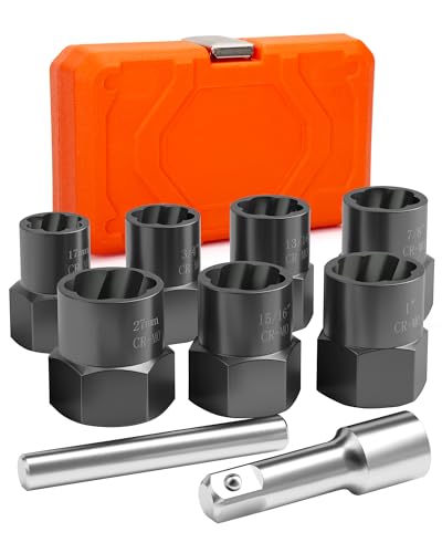 9PCS Bolt Extractor Kit Heavy Duty, 1/2" Drive Impact Lug Nut Remover Tool, Nut Extractor Set Large Size 17-27mm For Removing Stripped, Damaged, Rounded off and Rusted Nuts, Bolts, Studs - size: 9Pcs