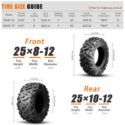 TRIPOWER ATV UTV Tires 25x8-12 & 25x10-12 All Terrain Trail Sand Mud Off-Road Tires, 6 Ply Tubeless Full Set of 4 - size: 25x8-12 & 25x10-12 AT35