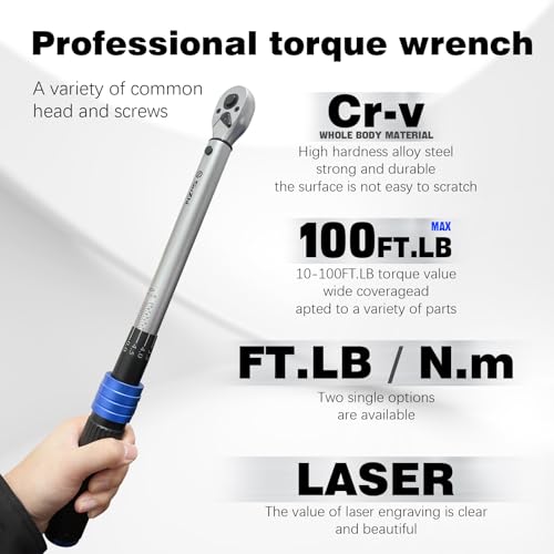 SuZhi 3/8 Inch Drive Torque Wrench 10-100ft.lb/13.6-135.6Nm, 72 Teeth, Longer 18.3'' Alloy Aluminum & Cr-Mo Material for Car Wheel nut (usually 88 ft lb) & Motorcycle, Spark Plug, Oil change - size: 3/8'' 1pc