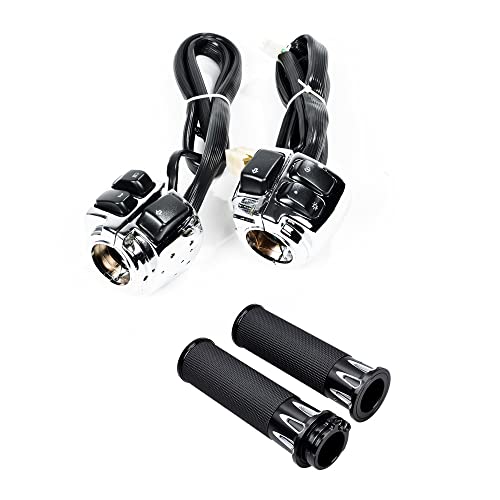 Pair 25mm Hand Grips Chrome Black CNC + 2X Motorcycle 1" Handlebar Headlight Horn Turn Signal Light Switch Wiring Harness Chrome Housing for Harley Touring Sportster Dyna Softail V-Rod - color: Chrome, size: Handlebar Switch + Hand Grips (2)