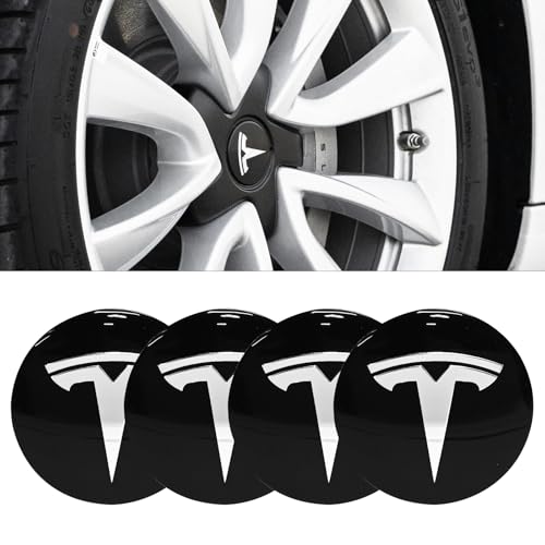4 Pack Aluminum Waterproof Wheel Cover Center Emblem Sticker for Tesla Model 3 Model Y 56mm Hubcaps Wheel Rim Cover (Glossy Black Background+White Emblem) - color: Glossy Black Background+White Emblem