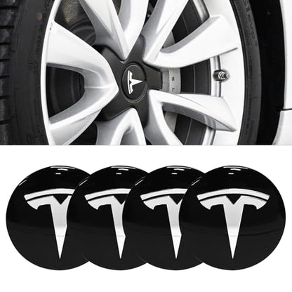 4 Pack Aluminum Waterproof Wheel Cover Center Emblem Sticker for Tesla Model 3 Model Y 56mm Hubcaps Wheel Rim Cover (Glossy Black Background+White Emblem) - color: Glossy Black Background+White Emblem