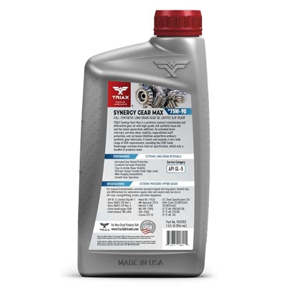 Triax Synergy Gear Max 75W-90 GL-5 Limited Slip, Ultra Long Drain 500k Miles, Manual Transmission, Gear/Differential Lubricant (1 Quart) - size: 1 Quart