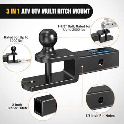 Nilight 3 in 1 ATV UTV Multi Hitch Mount | 1-7/8" Ball Fits 2" Receiver Hitch Rated 2000 LBS Winch Strap Loop Rated 5000 LBS - color: 2" Hitch Receiver with 1-7/8" Ball
