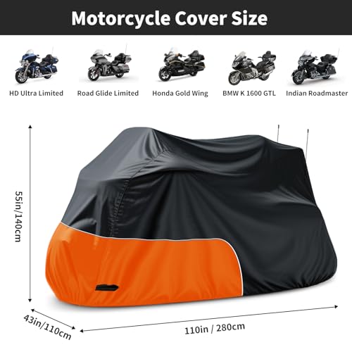 Motorcycle Cover Heavy Duty 300D Waterproof for Touring Ultra - color: Black/Orange