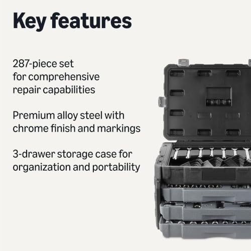 Amazon Basics 287-Piece Mechanic Socket Set with Quick-Release Ratchets, Wrenches, Bits, 1/4" 3/8" 1/2", Metric and SAE, 3-Drawer Case, for Auto and Machine Repairs