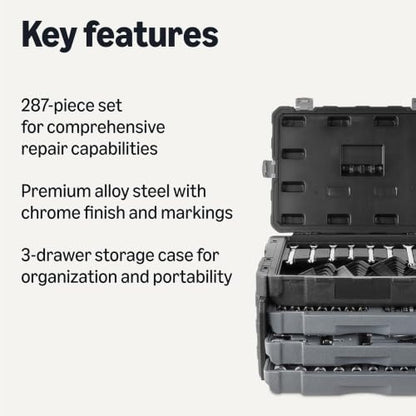 Amazon Basics 287-Piece Mechanic Socket Set with Quick-Release Ratchets, Wrenches, Bits, 1/4" 3/8" 1/2", Metric and SAE, 3-Drawer Case, for Auto and Machine Repairs