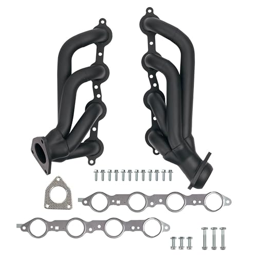 High Temperature Black Coated Exhaust Headers 2002–2013 Silverado Sierra Suburban Tahoe Yukon Escalade 4.8L 5.3L 6.0L 6.2L V8 LS Style Engines Right Side Beveled Flange - size: Black Coated Exhaust Headers