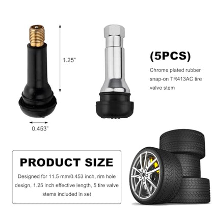KVAEY 5 PCS TR413AC Tire Valve Stems, Chrome Rubber Tubeless Valve Stems Suit for 0.453 inch Rim Holes, Snap-in Tyre Metal Stems for Standard Vehicle Tires, Car Accessories (Black) - color: Black