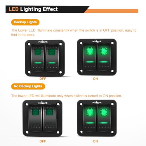 Nilight 2 Gang 3 Pin Rocker Switch Panel On Off SPST Toggle Green - color: Green, size: 2 Gang