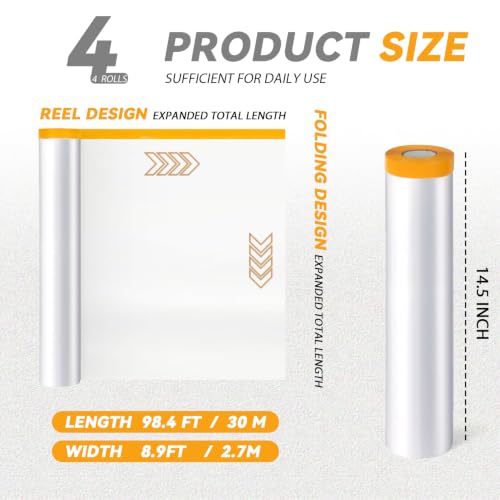 4 Rolls Pre-Taped Painters Tape,Drop Cloths Tape(8.9 X 98.4Feet)