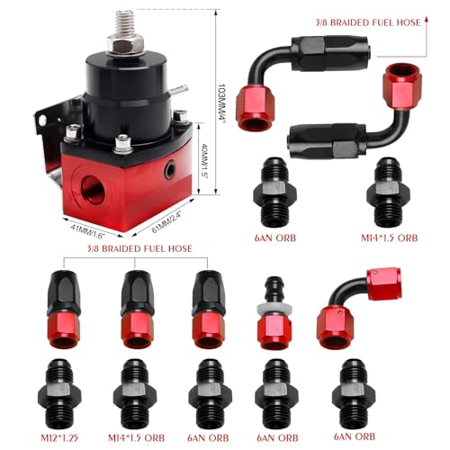 EFI Fuel Pressure Regulator Kit 30-70psi with Gauge 6AN Fuel Line Fitting Universal Adjustable Aluminum (Black+Red) - color: black+red