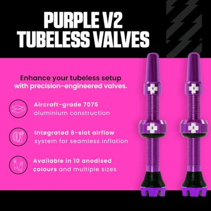Muc-Off Tubeless Valves V2, 7075 Aluminum Presta, Purple, 44mm - color: Purple, size: 44mm