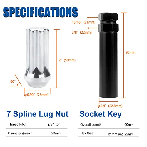 GAsupply 1/2-20 Lug Nuts Chrome, 2" 50mm Tall Cone Seat, 20Pcs+1 Key - color: Silver, size: 1/2"-20, style: 20 Pack- 2" Tall