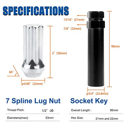 GAsupply 1/2-20 Lug Nuts Chrome, 2" 50mm Tall Cone Seat, 20Pcs+1 Key - color: Silver, size: 1/2"-20, style: 20 Pack- 2" Tall