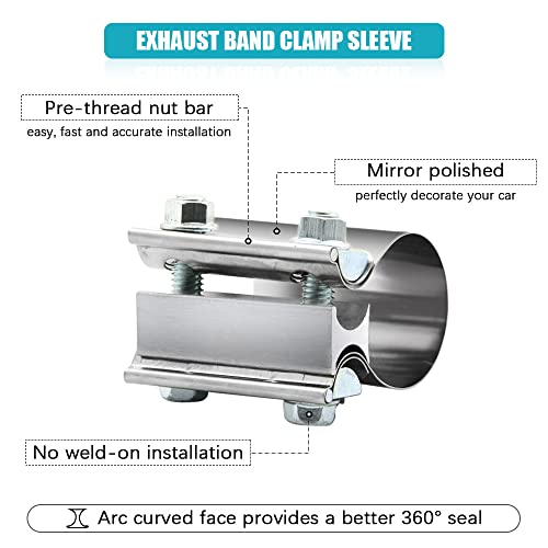 2.75" 2.75 Inch Exhaust Clamp Butt Joint Band Clamp Sleeve Coupler Stainless Steel 2 3/4 Inch for Exhaust Pipes, Mufflers and Catalytic Converters (2 PCS) - size: 2.75"