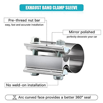 2.5" 2.5 Inch Exhaust Clamp Butt Joint Band Clamp Sleeve Coupler Stainless Steel 1 1/2 Inch for Exhaust Pipes, Mufflers and Catalytic Converters (2 PCS) - size: 2.5"