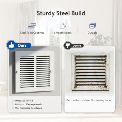 Steel Return Air Grille, Fits Universal Duct Opening, White HVAC Cold Air Intake Vent Cover for Sidewall & Ceiling, Stamped Durable Steel Outer Dimensions for Ventilation (10" W x 6" H)