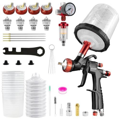 A610 LVLP Spray Gun Premium Kit, with 1.3/1.5/1.7/2.0mm 4 Nozzles & Accessories, 10x 650ml Disposable Paint Cups, Automotive Paint Gun for Furniture, Fence, Varnish&Top Coat - color: Black 3