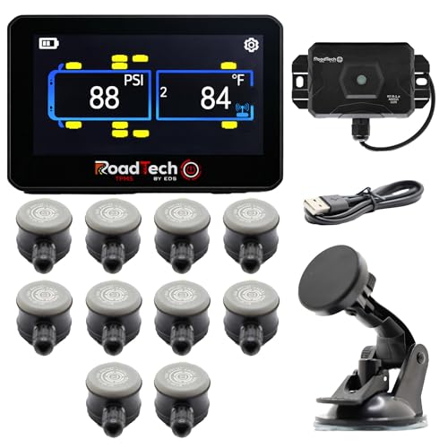 RoadTech TPMS Kit 10 Flow Through - Tire Pressure Monitoring System for RVs, Trailers & Tow Vehicles, Real-Time Pressure & Temperature Alerts, Easy Install, Color Display - size: 10 Sensors, style: Flow Through