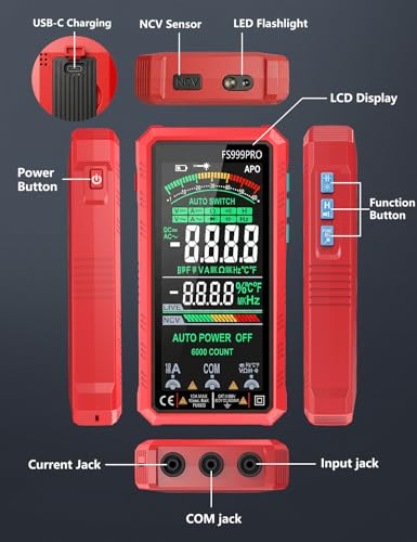 Digital Multimeter, Auto-Ranging Smart Electrical Tester, 6000 Counts TRMS, USB-C Rechargeable, Easy-to-Read Color Display, NCV Detection for Home, Automotive & DIY Use